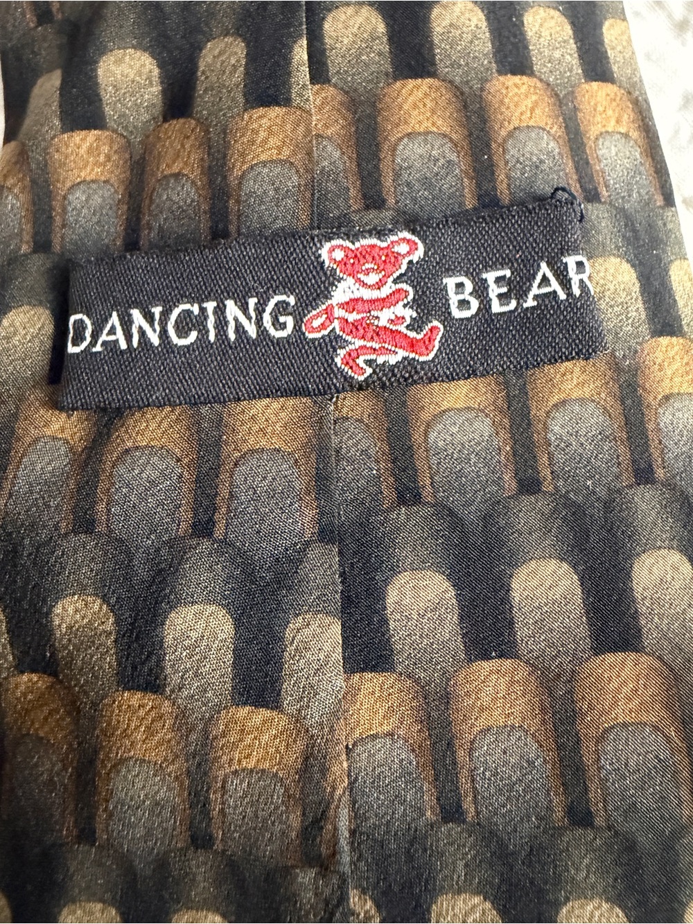 Grateful Dead Dancing Bear Tie with Brown & Black Geometric Pattern